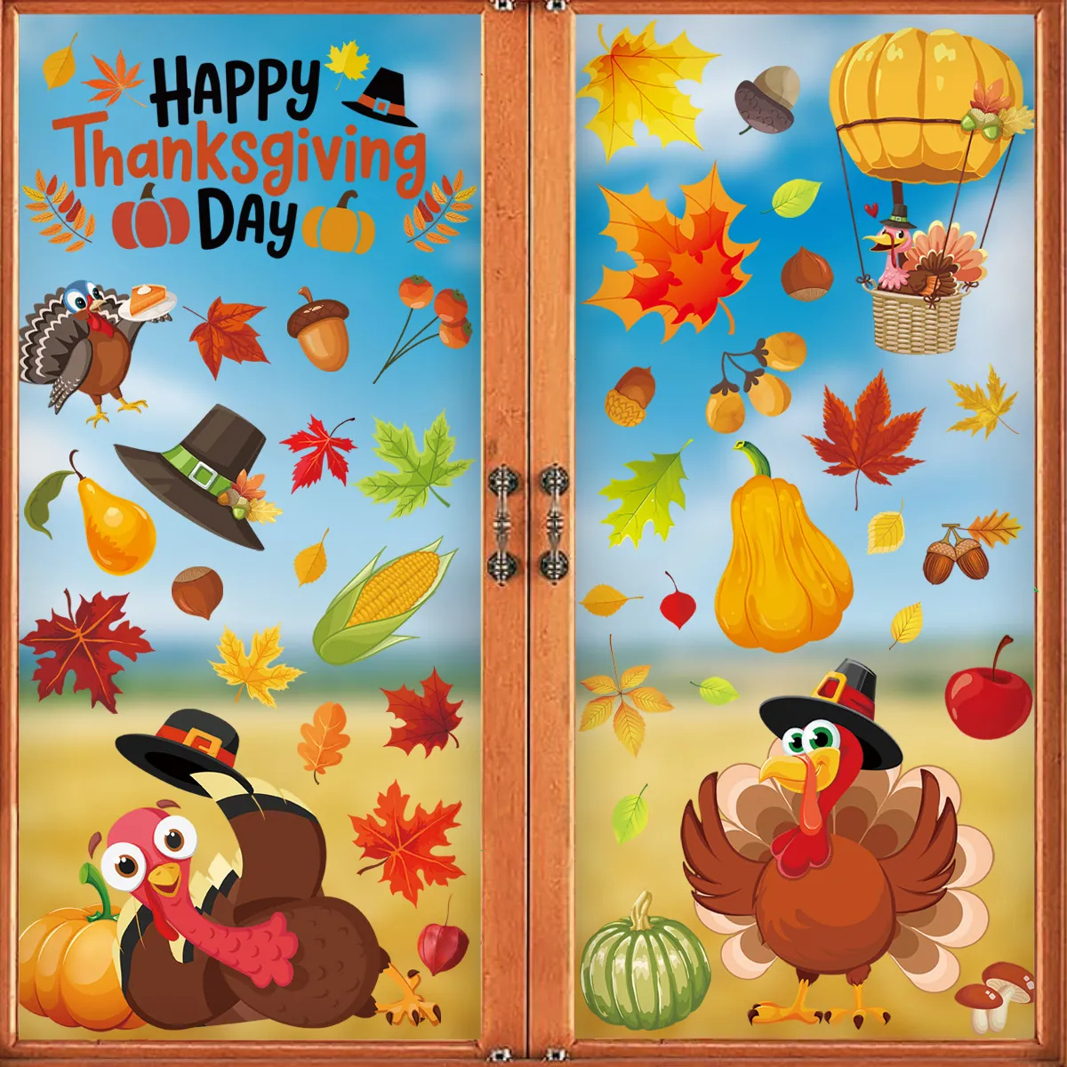 Thanksgiving Window Clings Static Stickers Double Sided Turkey Pumpkin Maple Leaf Autumn Harvest Decor Glass Decals