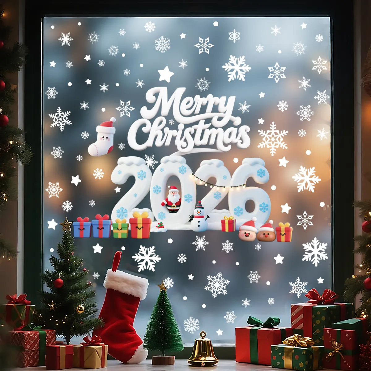Stickers Fenêtre Noël Effet 3D Autocollants Statiques 2026 Décoration Verre Nouvel An Joyeux Noël Père Noël Flocon de Neige