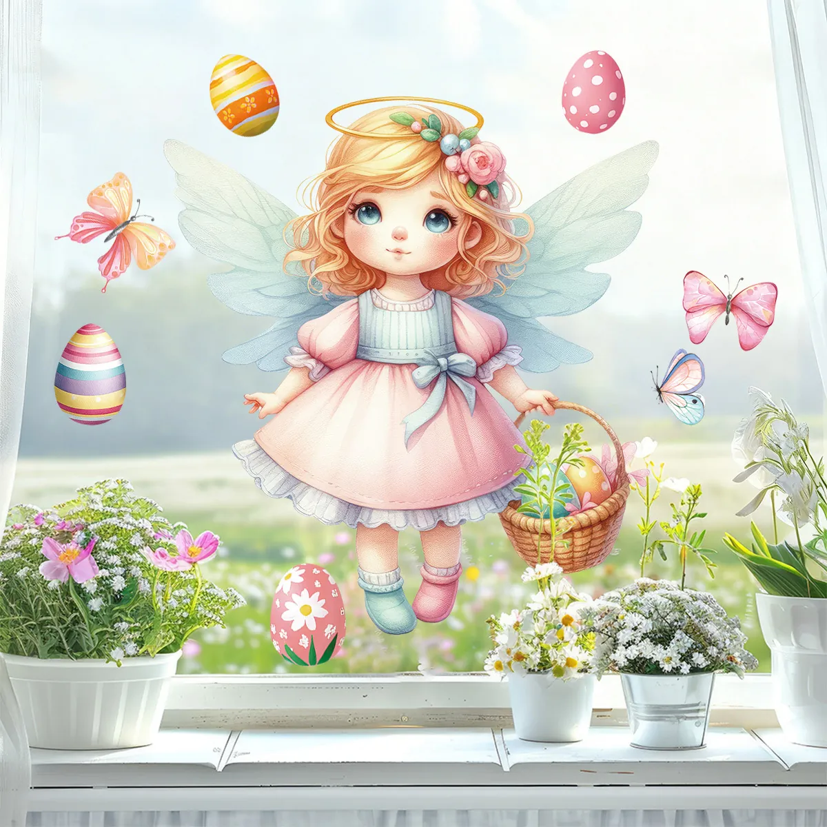 Easter Window Clings Static Stickers Cartoon Angel Girl Pattern PVC Waterproof Decals For Festival Home Window Decoration