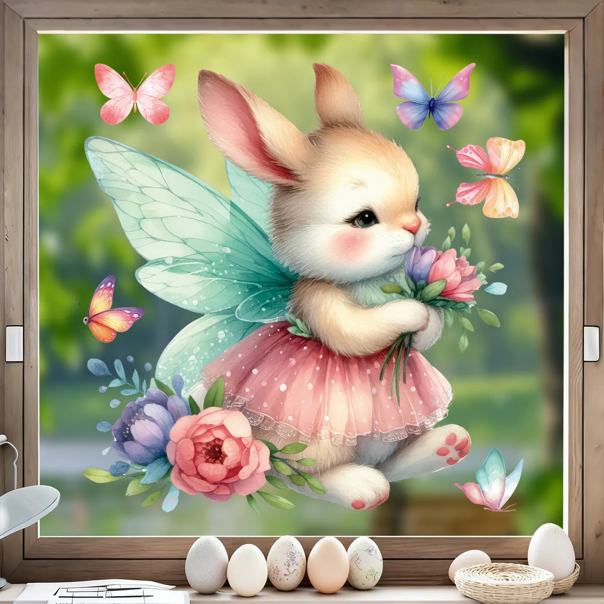 Easter Static Cling Window Stickers PVC Cute Angel Bunny Rabbit Wings Butterfly Flower Watercolor Removable Spring Glass Decor