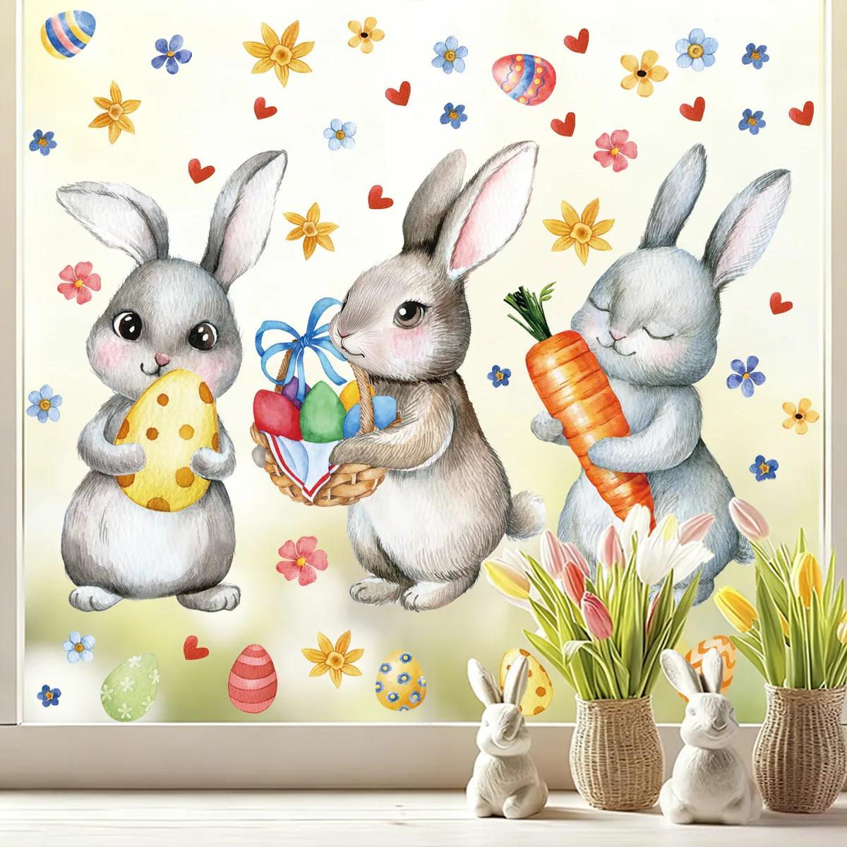Adesivi Per Finestre Di Pasqua Statici PVC Doppia Faccia Acquerello Coniglio Uova Carote Fiori Cuore Decorazione Vetro Casa Festa