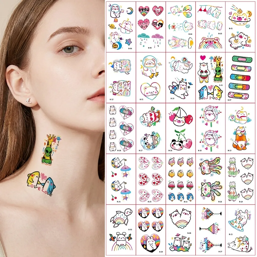 Temporary Tattoos Stickers Waterproof Cartoon Cute Colorful Body Art Decoration For Kids Women Long Lasting Small Fresh Style