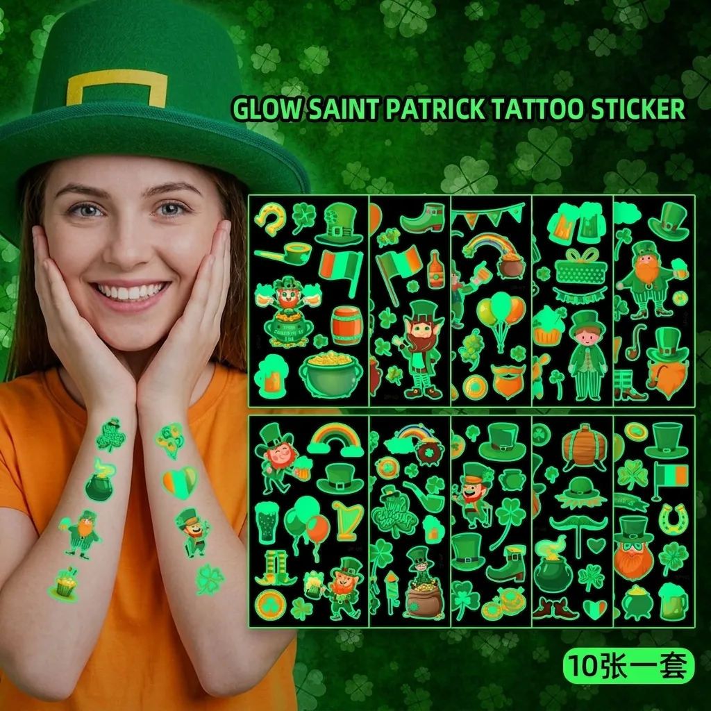 Luminous St Patricks Day Temporary Tattoo Stickers Glow In The Dark Green Shamrock Leprechaun Waterproof Body Art For Kids