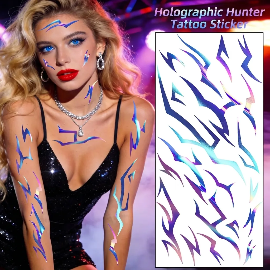 Laser Lightning Pattern Temporary Tattoo Stickers Purple Holographic Body Art Decals For Rave Music Festival