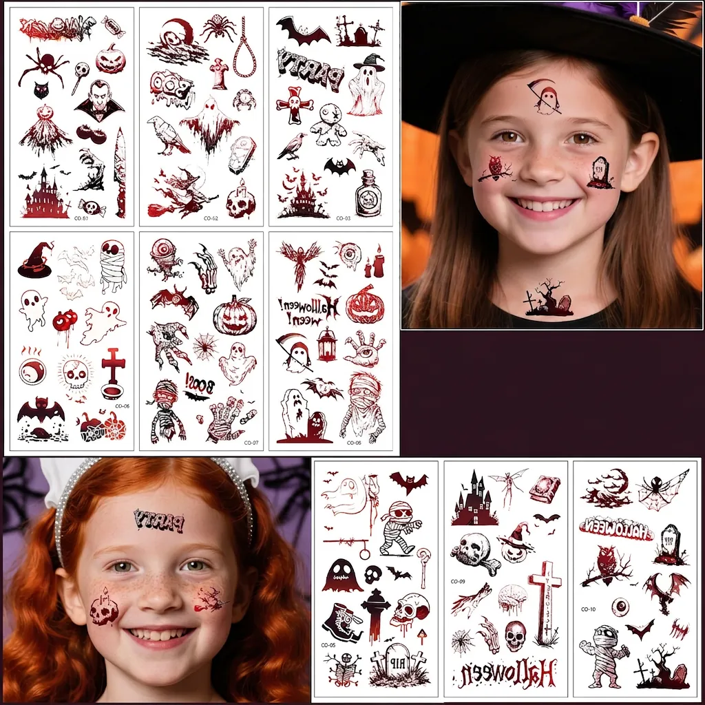 Autocollants de Tatouage Temporaires d'Halloween Horreur 3D Araignée Rouge Foncé Citrouille Fantôme pour Maquillage Corps Visage