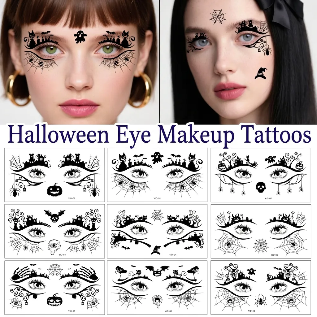 Tatuaggi Temporanei Halloween Per Occhi Adesivi Design Ragnatela Pipistrello Trucco Viso Per Festa Cosplay Nero