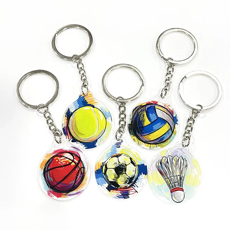 Porte-clés Ballons De Sport Acrylique Avec Chaîne En Métal Style Graffiti Peint À La Main Football Basketball Tennis Souvenirs