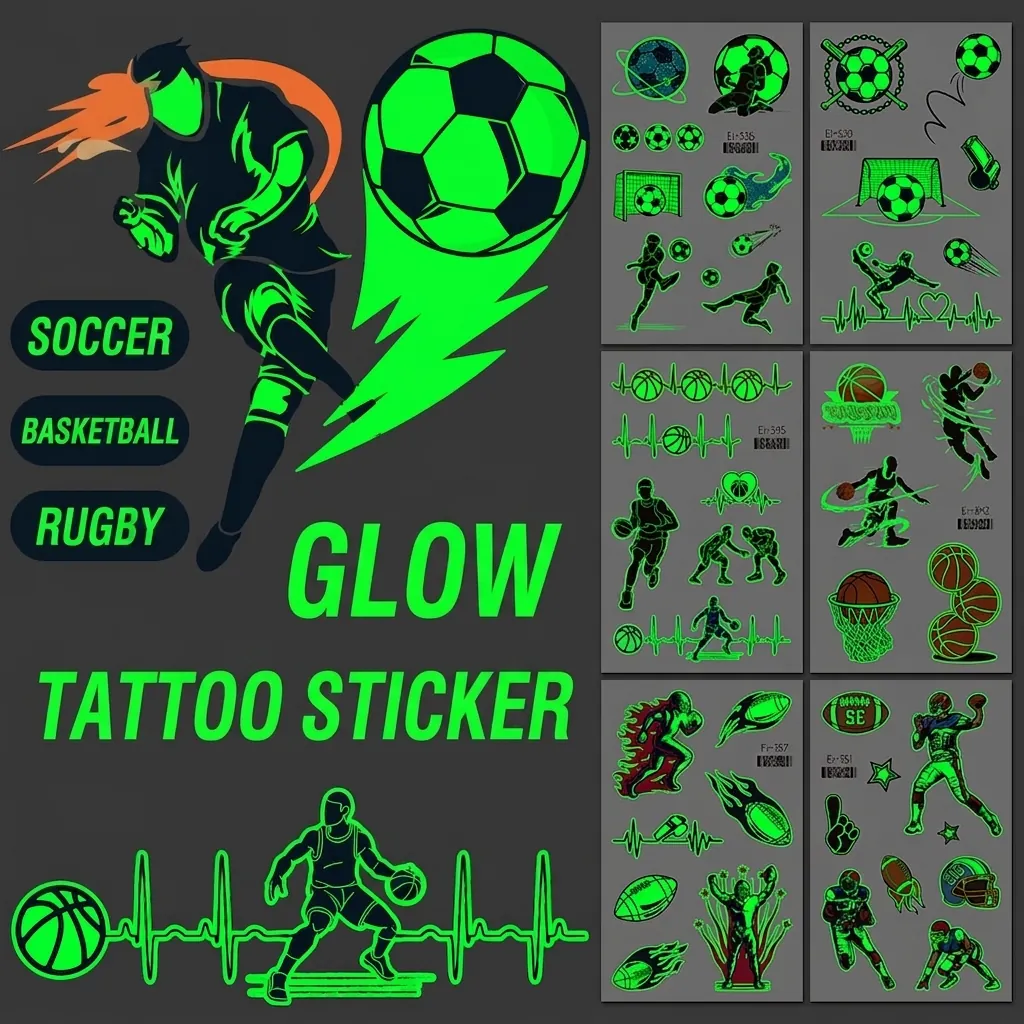 Autocollants de Tatouage Temporaire de Sport Lumineux Football Basketball Football Imperméable Body Art pour Événements Sportifs Fête