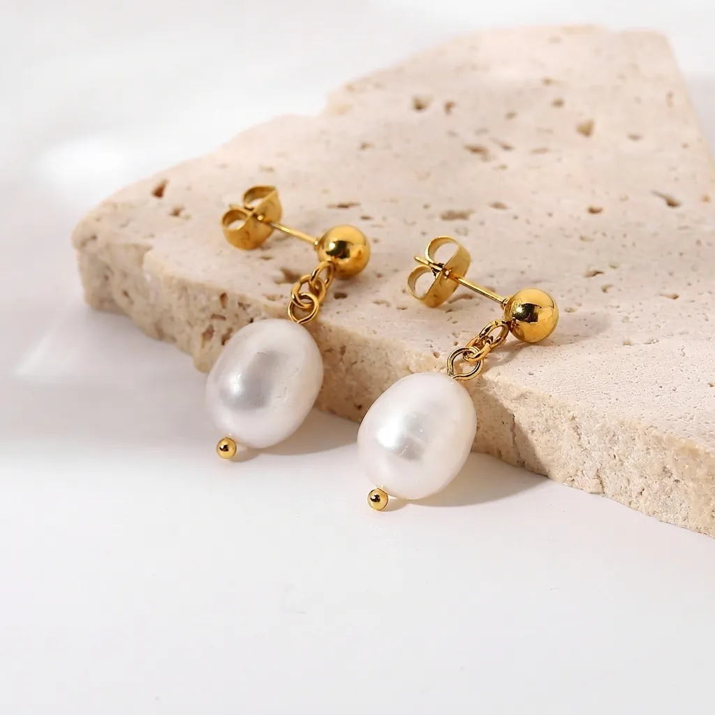 Elegant Baroque Freshwater Pearl Drop Earrings Stainless Steel Gold Plated Minimalist Jewelry For Women