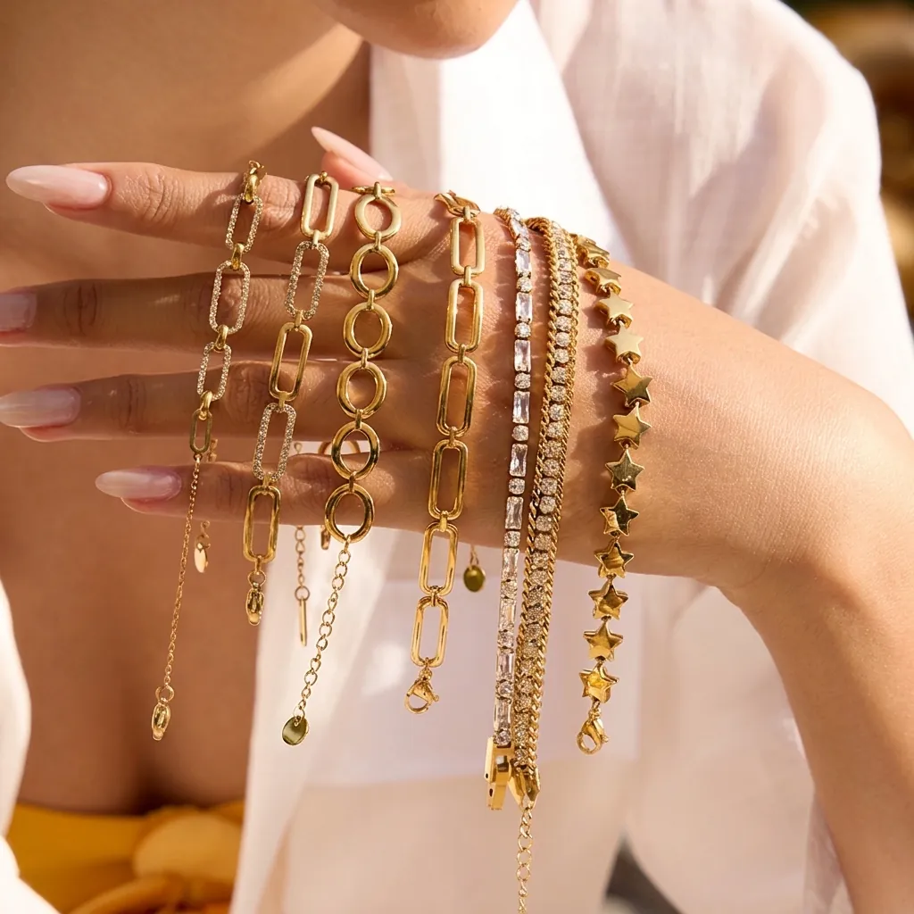 Bracelet En Acier Inoxydable Plaque Or Pour Femme Imperméable Hypoallergénique Chaîne Trombone Étoile Zircone Bijoux