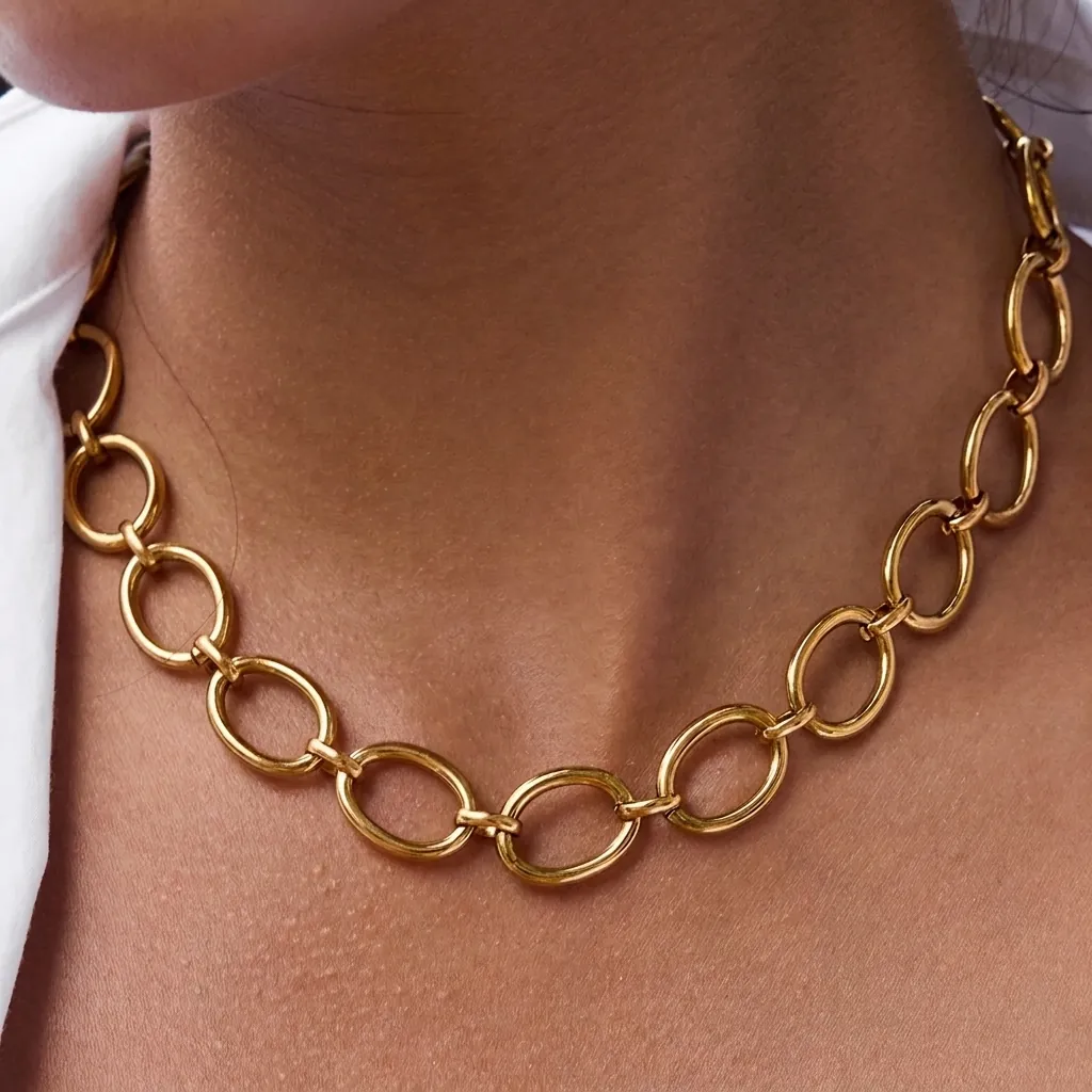 Collier Chaîne À Maillons Ovales Géométriques En Acier Inoxydable Plaqué Or Minimaliste Étanche Pour Femmes