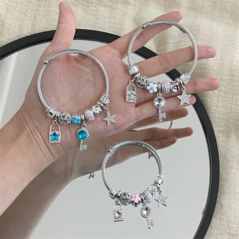 Stainless Steel Star Key Charm Bracelet For Women Gold Silver Plated Zirconia Rhinestone Flower Lock Pendant Jewelry