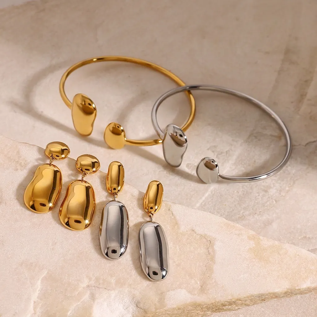 Edelstahl Schmuck Mit Organischen Tropfenformen Verstellbares Offenes Armreif Und Ohrstecker Hypoallergen Und Wasserdicht