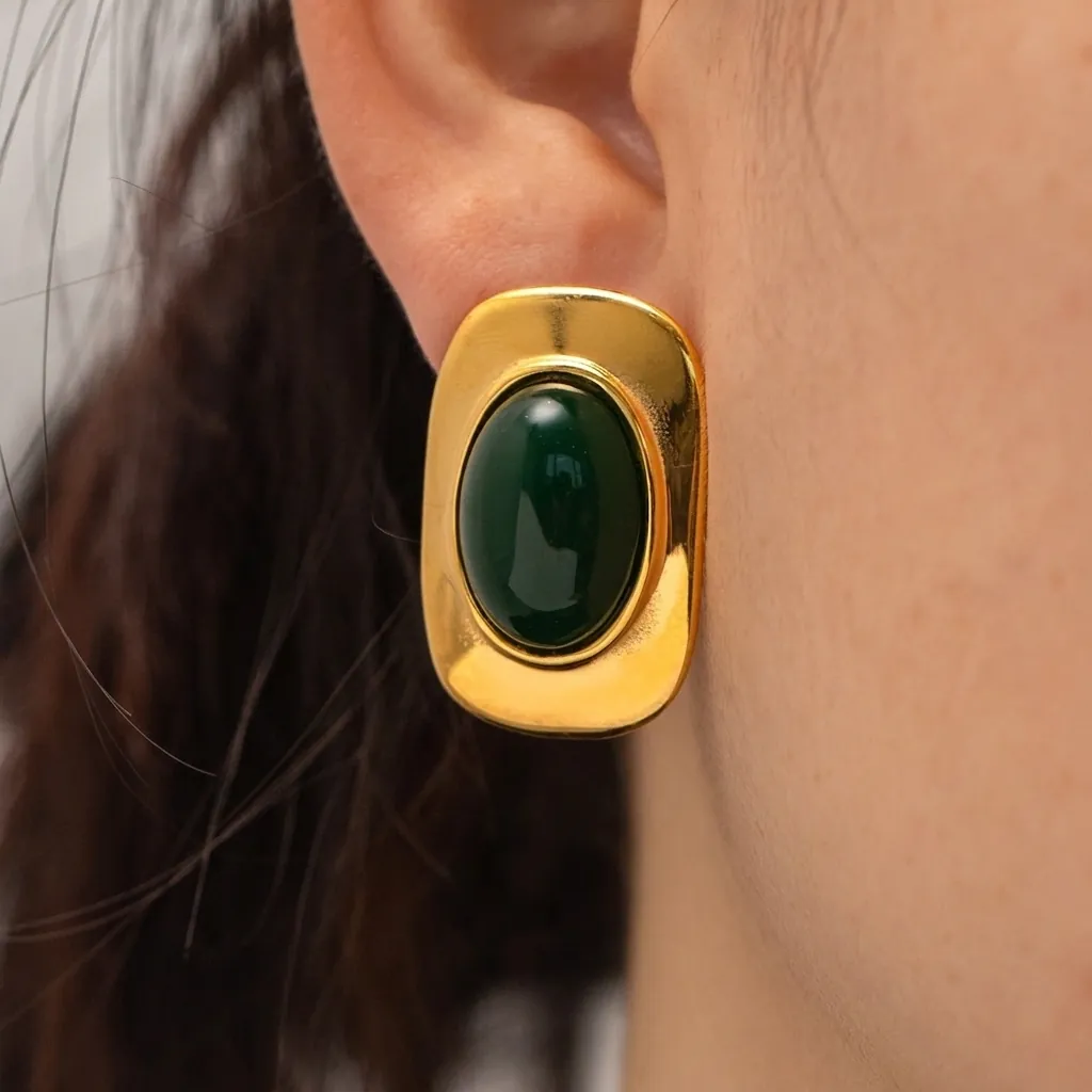 Boucles d'Oreilles Ovales en Acier Inoxydable Plaqué Or 18K Vintage pour Femme Bijoux Géométriques avec Faux Gemme Vert Foncé
