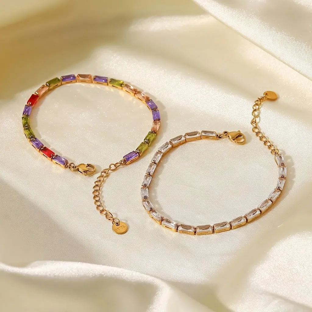 18K Gold Plated Stainless Steel Tennis Bracelet For Women Square Clear Colorful Cubic Zirconia Elegant Adjustable Jewelry