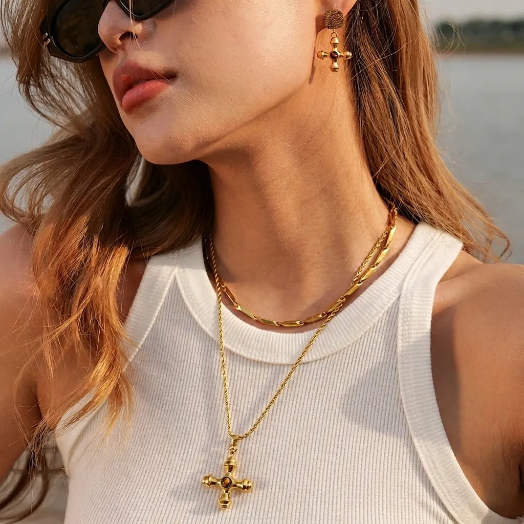 Cross Pendant Necklace 18K Gold Plated Stainless Steel Vintage Tiger Eye Stone Retro Jewelry For Women Non-Fading