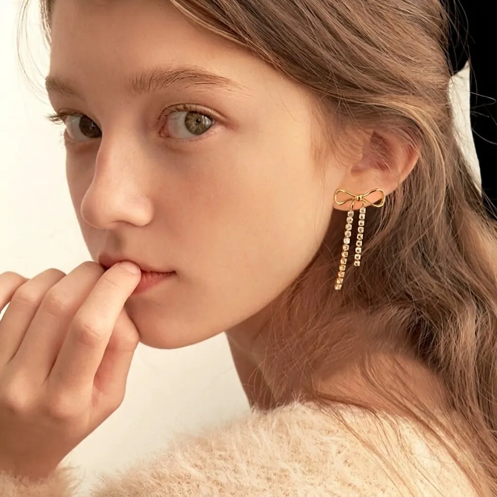 Stainless Steel Bowknot Tassel Earrings For Women Gold Plated Double Chain Rhinestone Drop Earrings Fashion Jewelry Gift