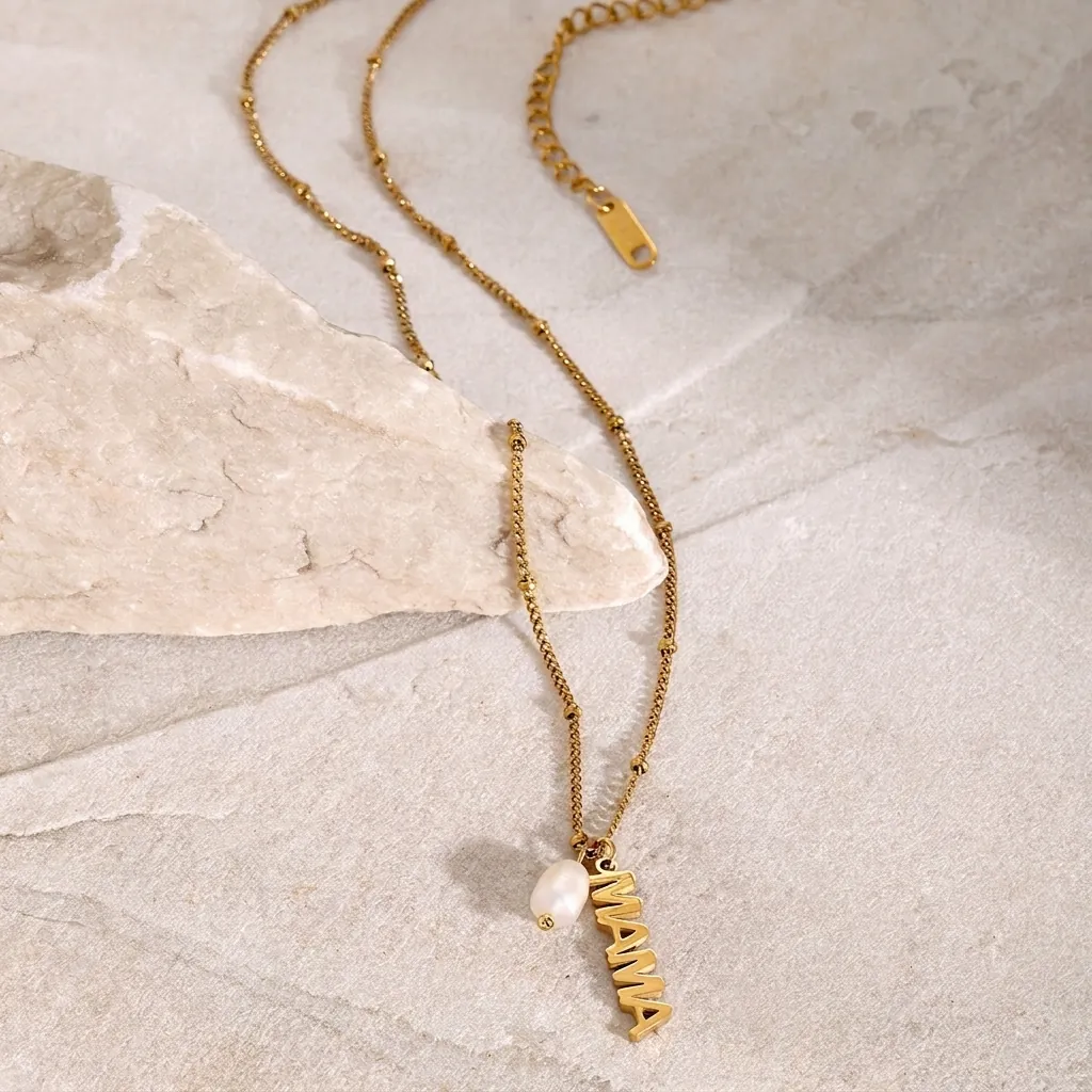 MAMA Letter Pendant Necklace 18K Gold Plated Stainless Steel With Freshwater Pearl Satellite Chain Mothers Day Gift For Women