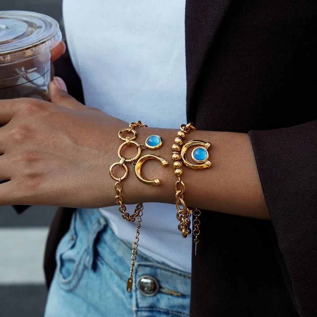 Horseshoe Charm Bracelet Stainless Steel With Blue Resin Gemstone 18K Gold Plated Equestrian Style Jewelry For Women