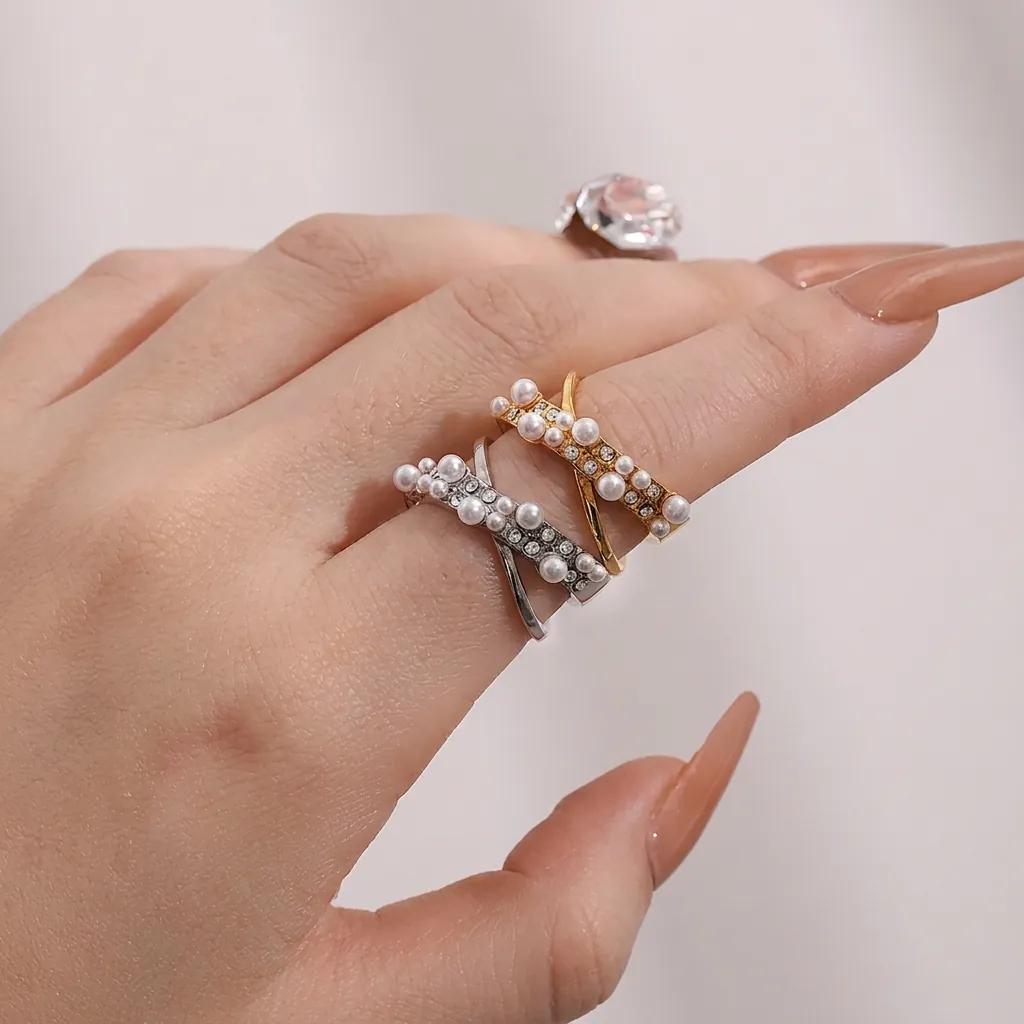Bague Croisée En Acier Inoxydable Avec Künstliche Perle Fantaisie Et Strass Forme En X Bijoux Élégants Pour Femmes