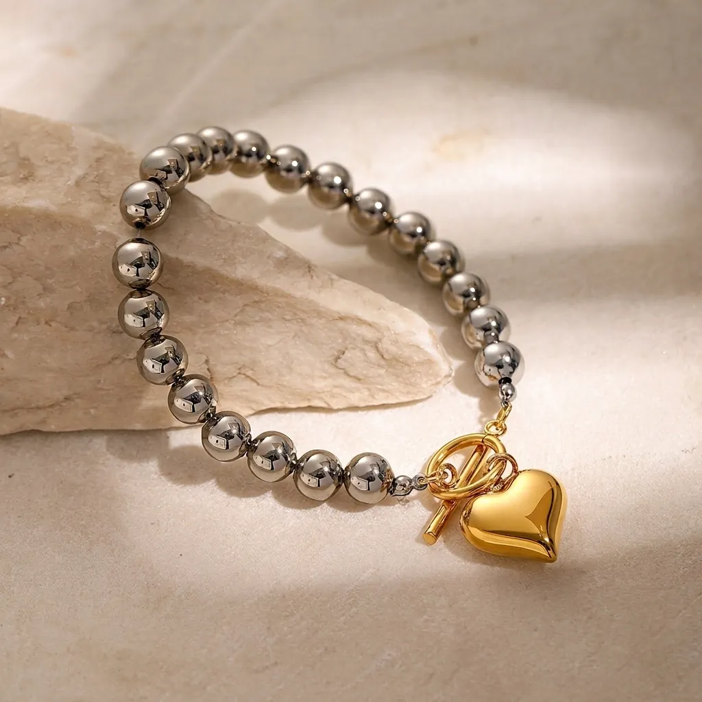 Bracelet À Perles En Acier Inoxydable Avec Pendentif Coeur Doré Fermoir À Bascule Bijoux Minimalistes Pour Femmes