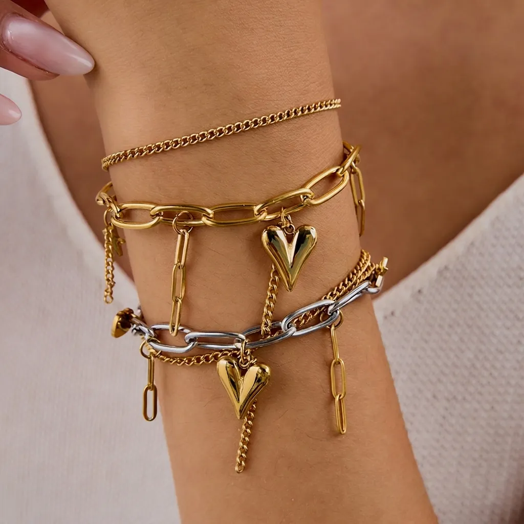 Stainless Steel Heart Star Pendant Layered Chain Bracelet For Women Trendy Gold Silver Two-Tone Waterproof Jewelry
