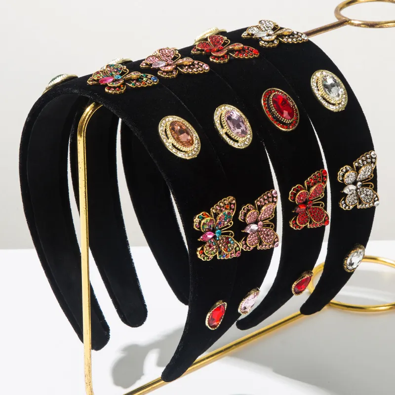 Baroque Vintage Velvet Padded Headband For Women Rhinestone Butterfly Embellished Hair Band Elegant Party Hair Accessories