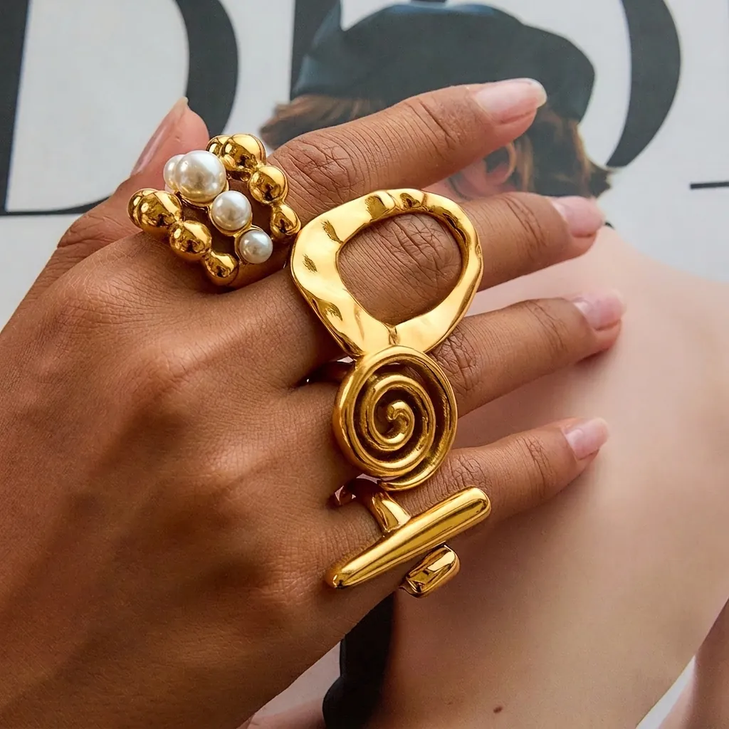 Bagues Géométriques Acier Inoxydable Plaqué Or Irrégulier Texture Lave Creux Künstliche Perle Oeil De Tigre Bijoux Boho Femmes