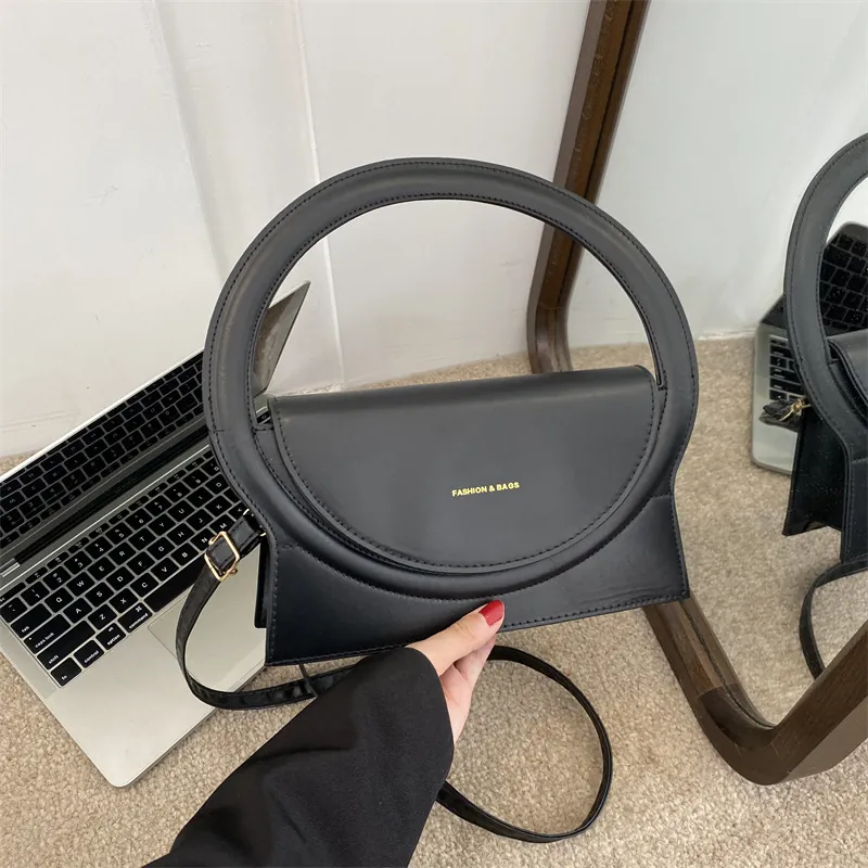 Minimalistische PU Leder Handtasche Mit Großem Rundem Griff Überschlag Umhängetasche Für Damen Modisch Vielseitig Einfarbig