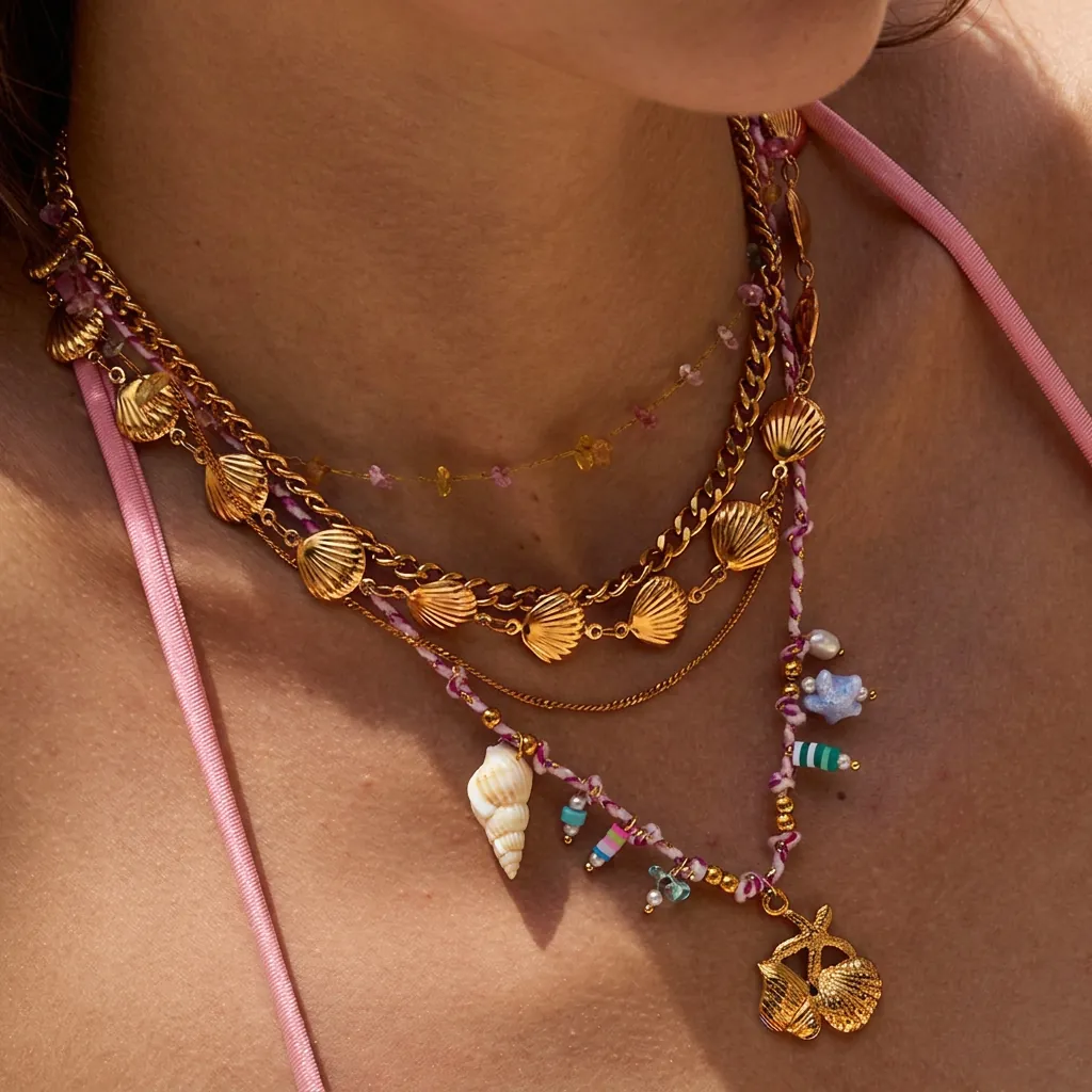 Bohemian Edelstahl Halskette Für Damen Sommer Strandurlaub Wasserdicht Hypoallergen Muschel Seestern Anhänger