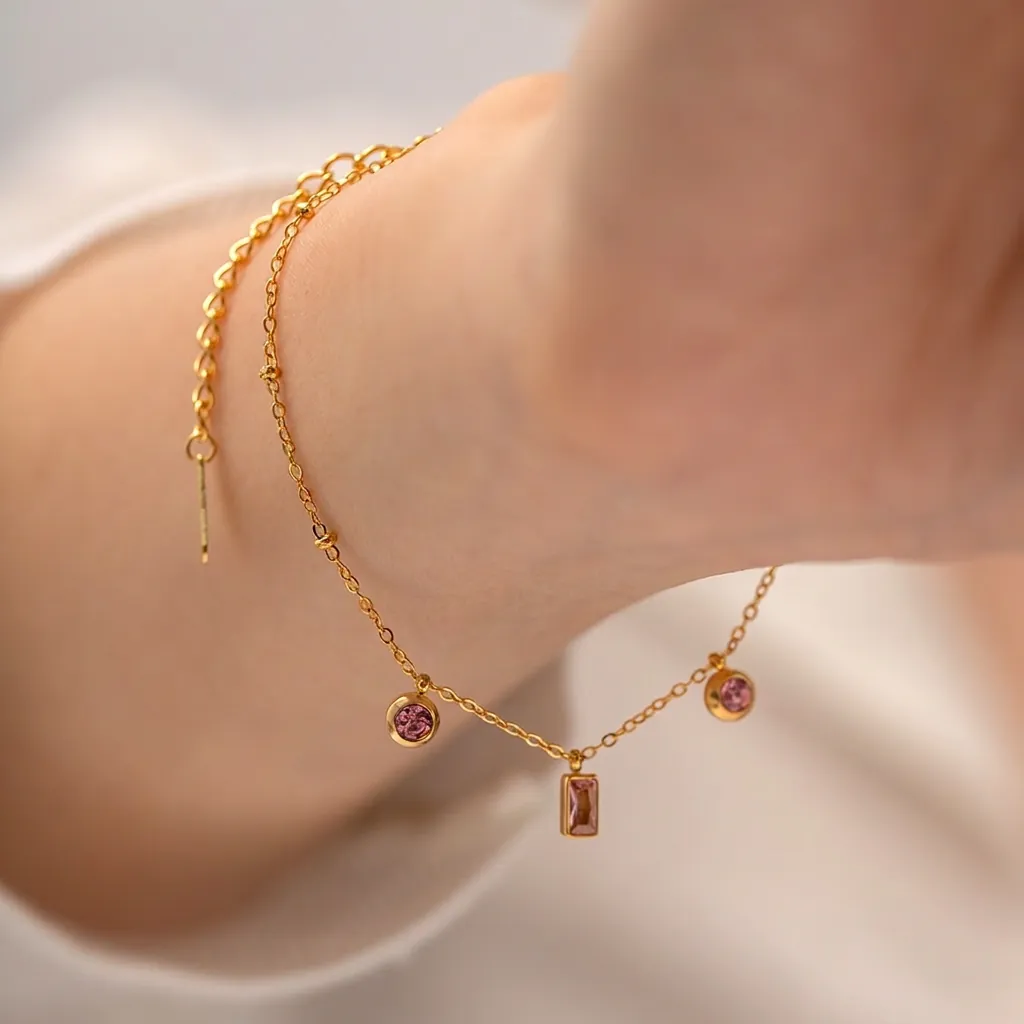 Parure de Bijoux en Acier Inoxydable Plaqué Or 18K avec Pendentif Géométrique en Strass Rose pour Femme
