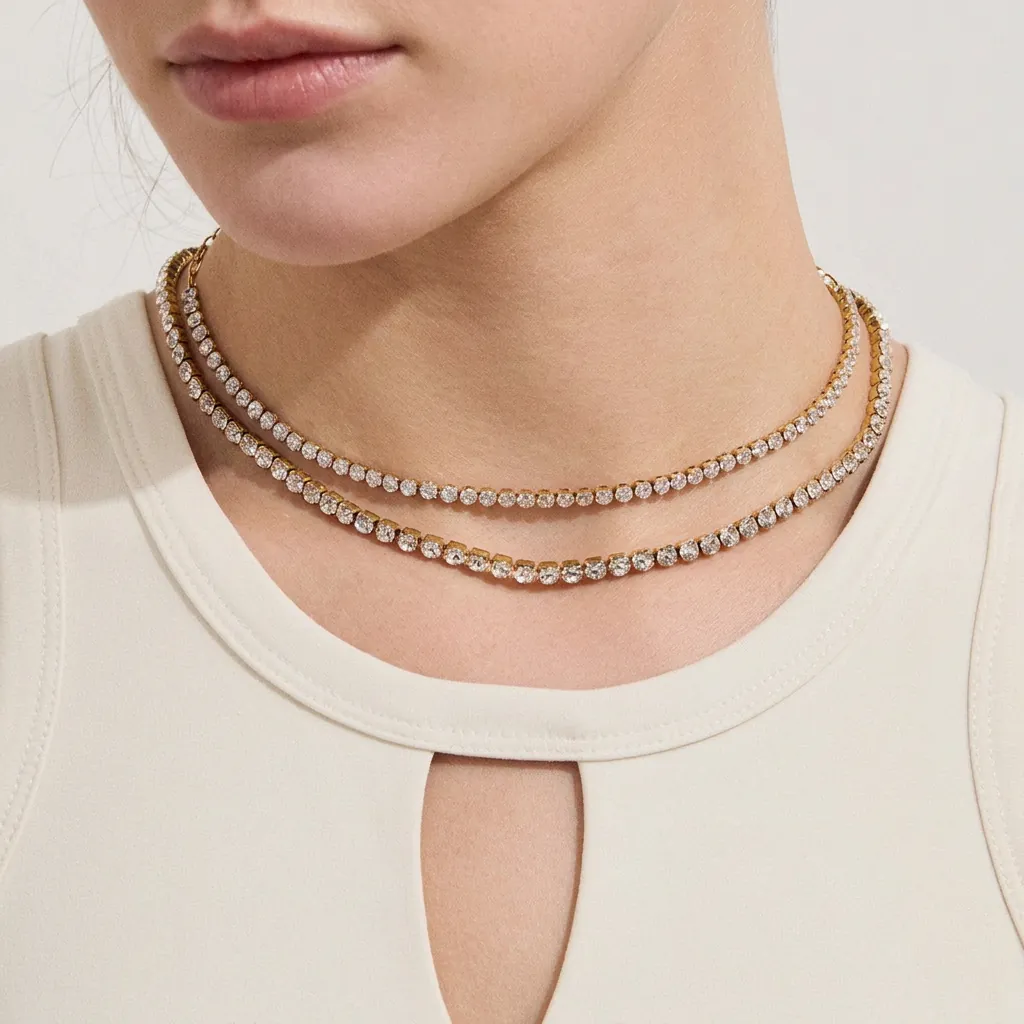 Collier De Tennis Pour Femmes Acier Inoxydable Zircon Strass Chaîne De Clavicule Élégante Mode Bijoux Étanche Cadeau