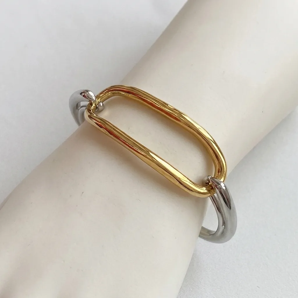 Geometric Bangle Bracelet Stainless Steel Two-Tone Gold Silver Plated Hammered Texture Minimalist Jewelry For Women