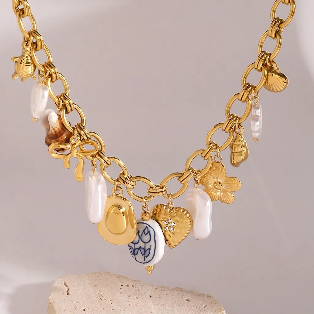 Collier Chaîne Épaisse En Acier Inoxydable Doré Avec Künstliche Perle Baroque Coquillage Tortue Marine Breloques Tulipe Céramique Rétro Femmes
