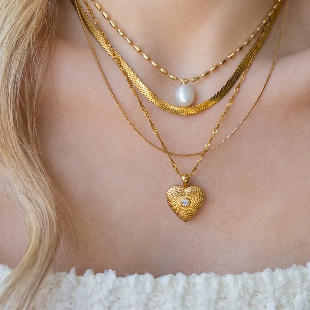 Collier Pendentif Künstliche Perle Eau Douce En Acier Inoxydable Plaqué Or Imperméable Hypoallergénique Coeur Chaîne Clavicule Pour Femmes