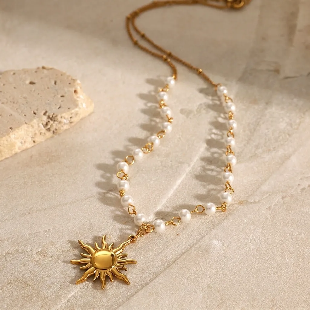 Collana Di Künstliche Perle Con Pendente A Sole Acciaio Inossidabile Placcato Oro Stile Vintage Francese Gioielli Da Donna