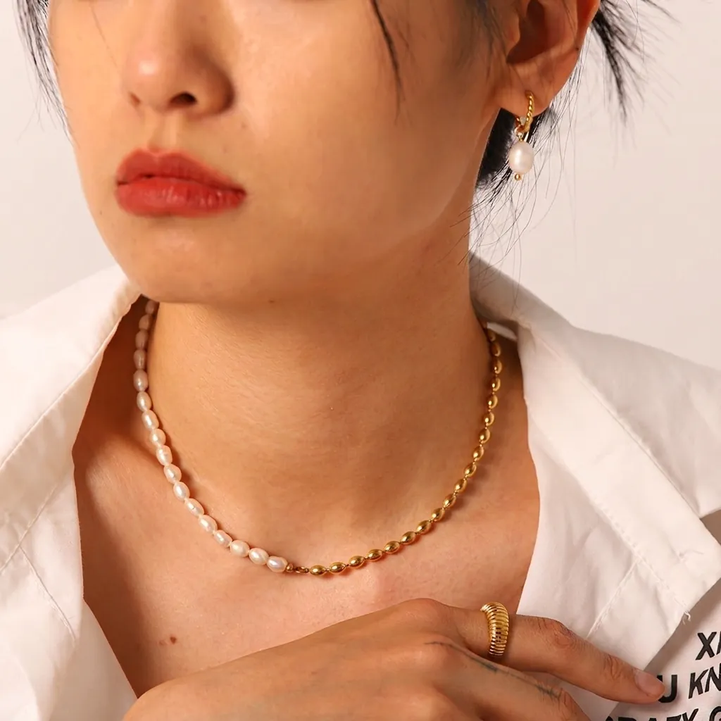 Collier Asymétrique En Acier Inoxydable Plaqué Or 18K Et Perles D'eau Douce Pour Femmes Bijoux Choker Minimalistes Chic