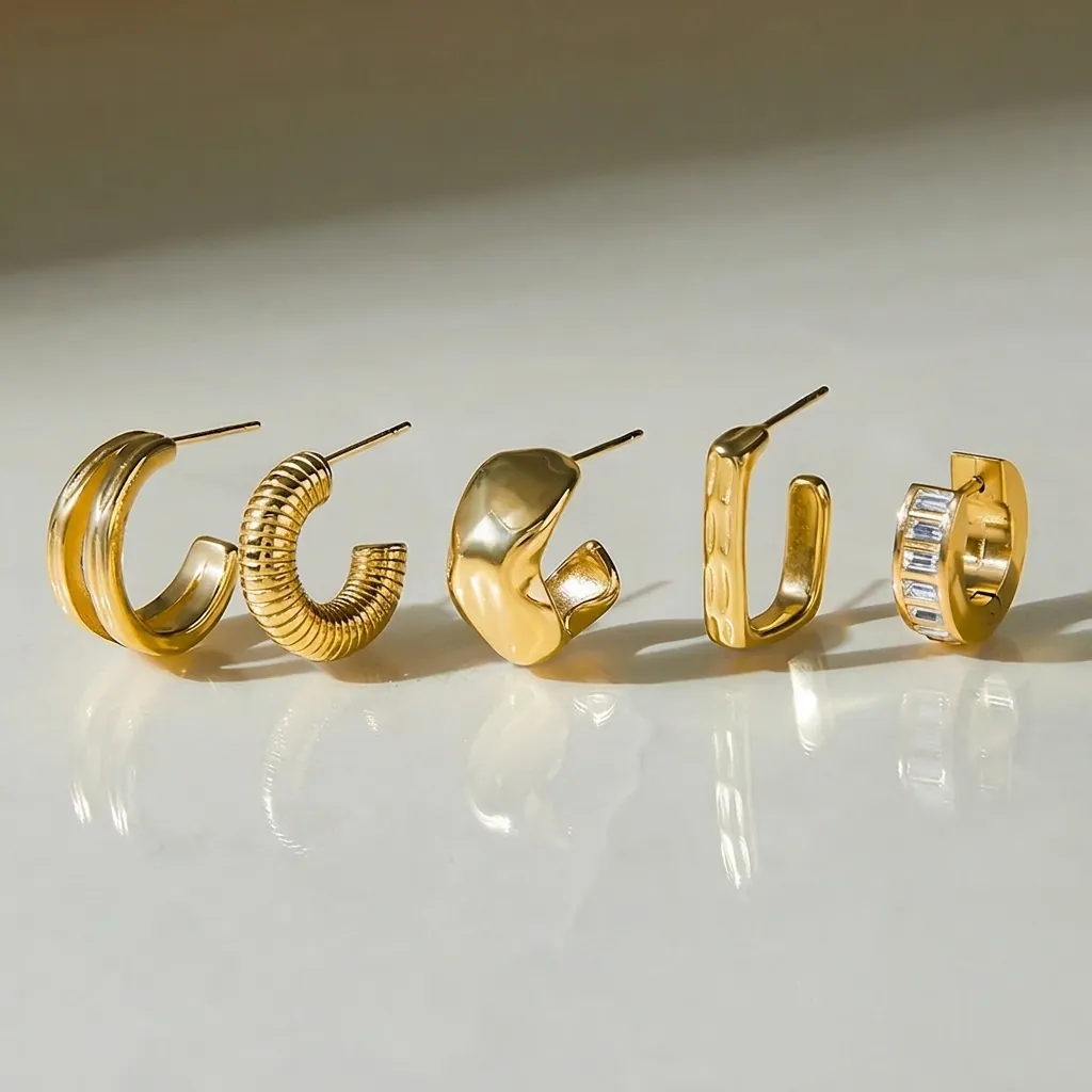 Boucles D Oreilles Créoles En Acier Inoxydable Plqué Or Imperméable Hypoallergénique Géométrique En Forme De C Bijoux