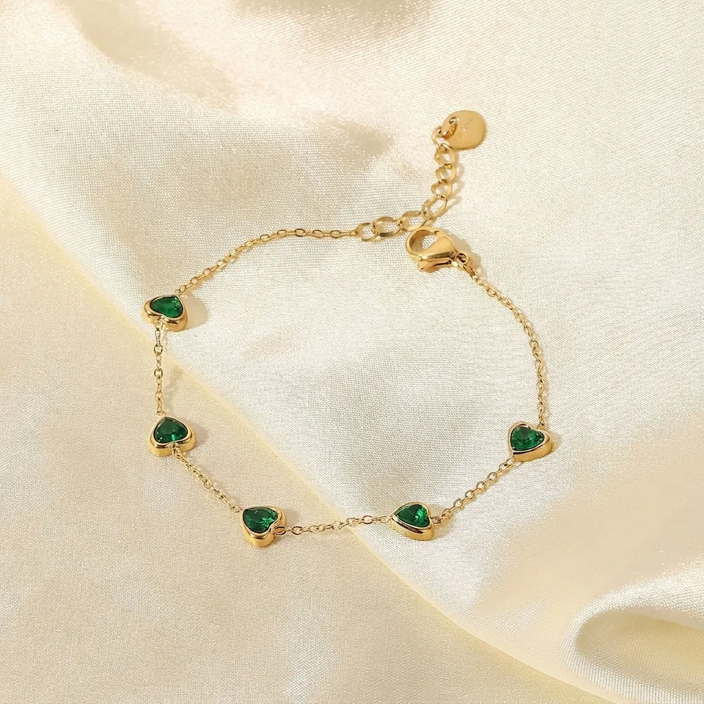 Bracelet Zircon Vert Cœur Plqué Or 14K Acier Inoxydable Style Rétro Français Bijoux Réglables Pour Femmes