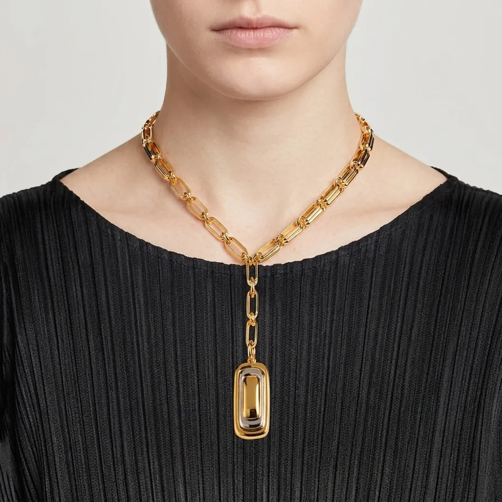 Edelstahl Halskette Geometrischer Rechteckiger Zweifarbiger Anhänger Gliederkette Wasserdicht Hypoallergen Schicker Schmuck Damen