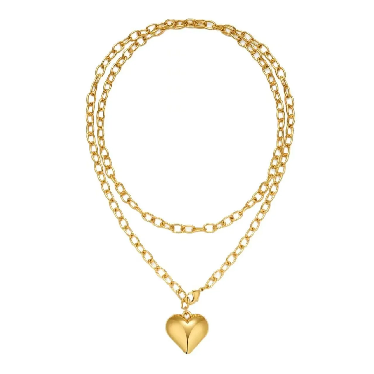 Double Layered Copper Heart Pendant Necklace Fashion Long O-Chain Polished Minimalist Jewelry For Women