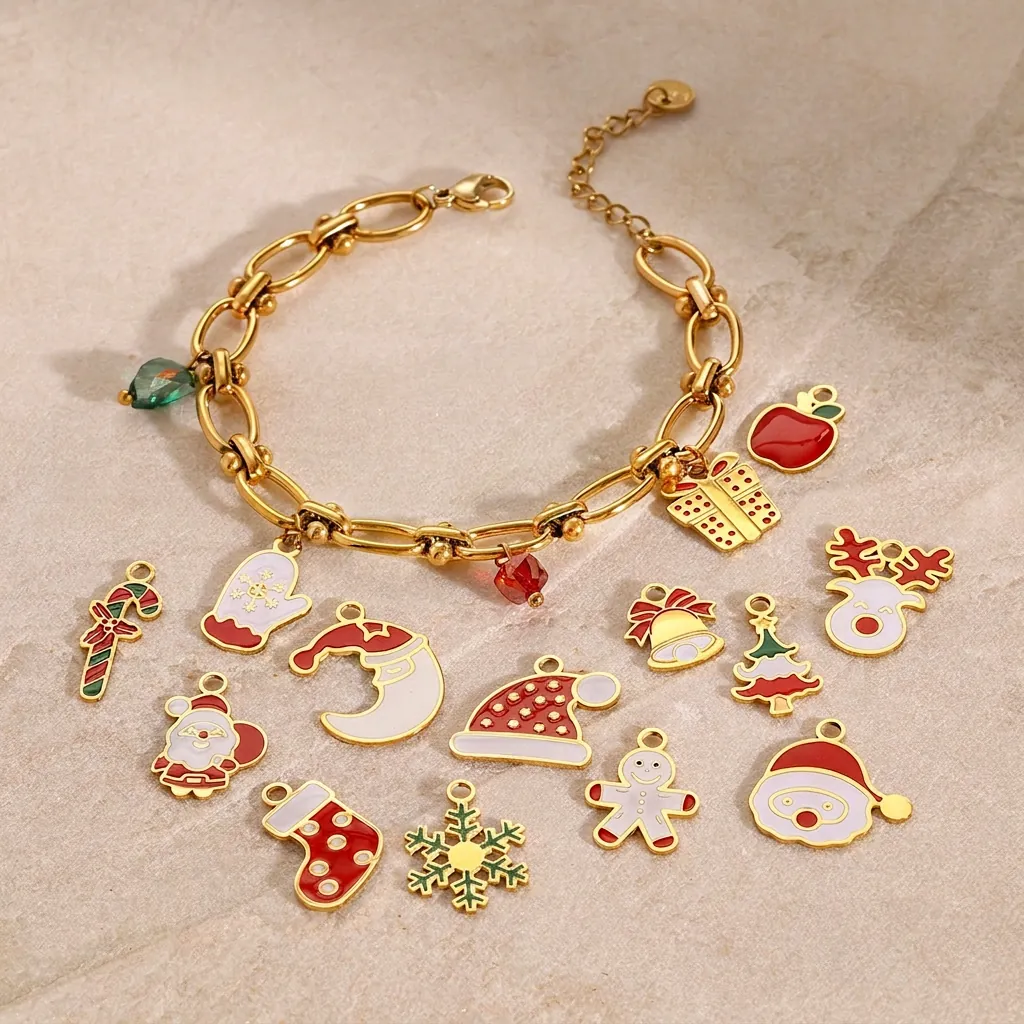 Stainless Steel Enamel Christmas Charm Bracelet Santa Snowflake Reindeer Holiday Party Jewelry Women