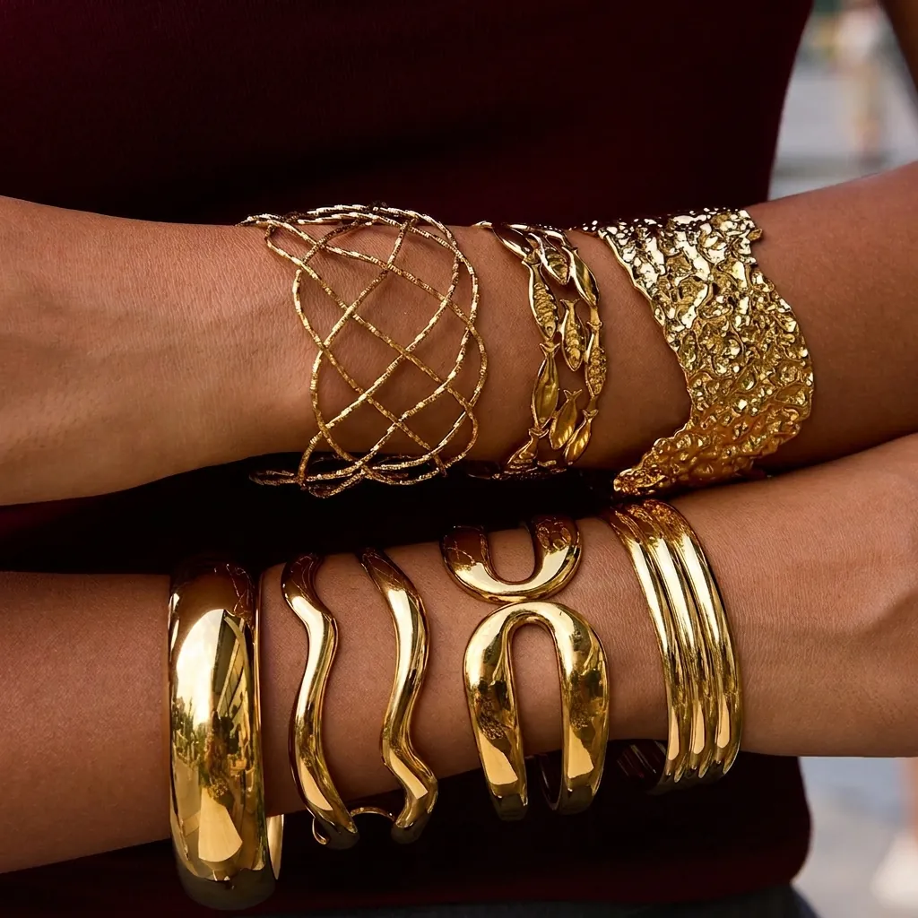 Bracciale Rigido In Acciaio Inossidabile Oro Donna Impermeabile Ipoallergenico Moda Texture Martellata Gioielli
