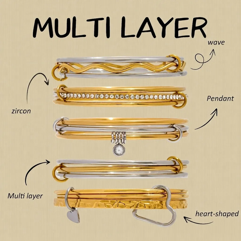 Stainless Steel Stacking Bracelets For Women Zircon Multi Layer Bangle Waterproof Hypoallergenic Heart Pendant Fashion Jewelry