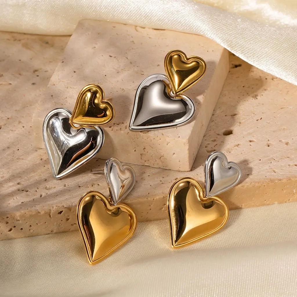 Mode Bi-Color Herzförmige Edelstahl Ohrstecker Für Damen Zweifarbig Polierte Metall Doppel Herz Ohrringe Schmuck
