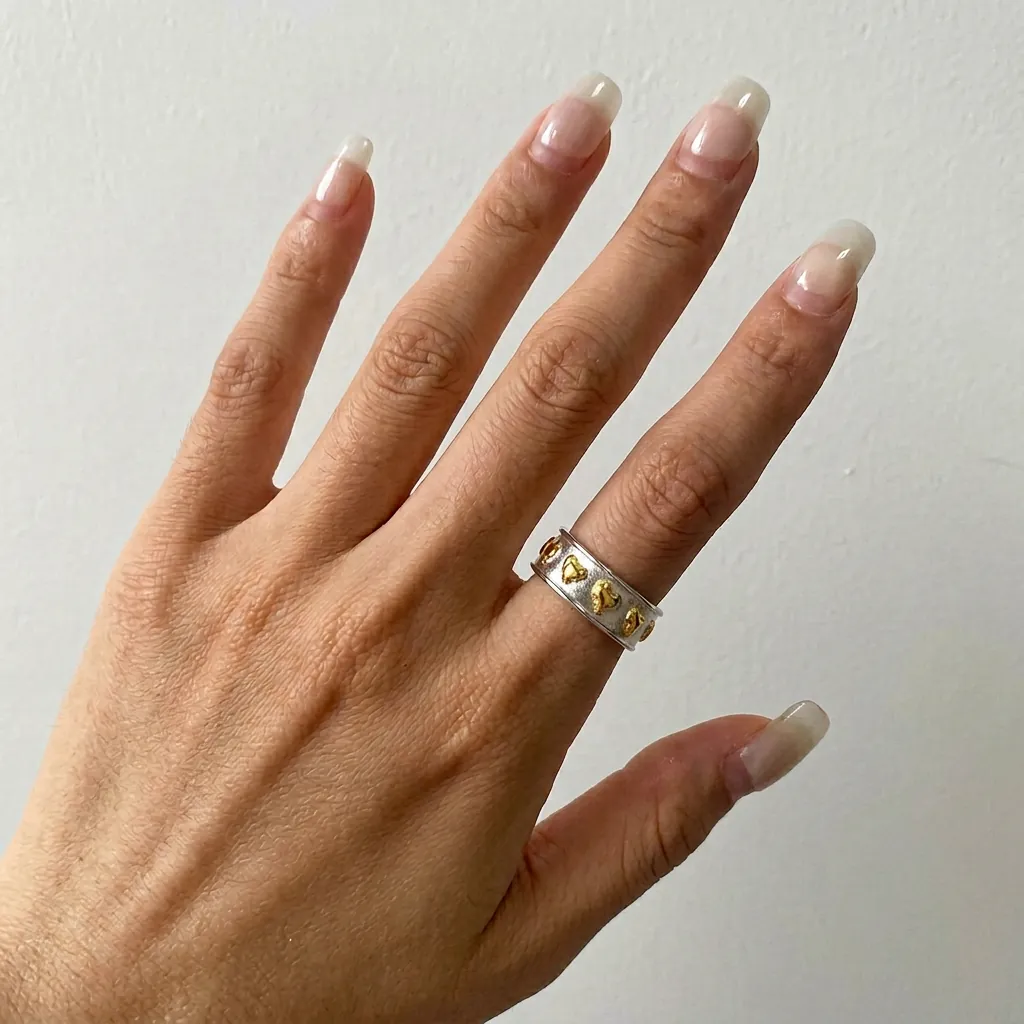 Bague Ouverte Coeur Acier Inoxydable Relief Doré Large Bande Argent Réglable Bijoux De Mode Pour Femmes
