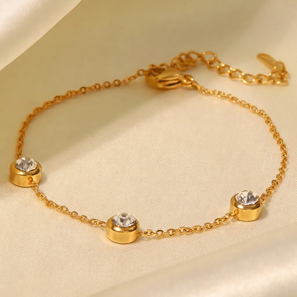 Bracelet Minimaliste Femme Acier Inoxydable Plaqué Or 18K Zircon Rond Chaîne Fine Réglable Bijoux Mode
