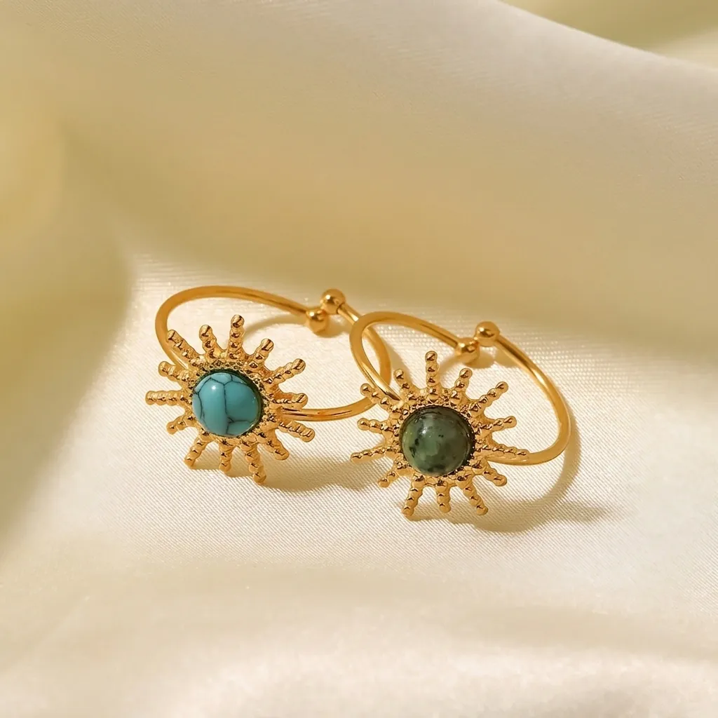 Sun Shape Adjustable Ring Stainless Steel With Turquoise And Green Natural Stone Vintage Style For Women