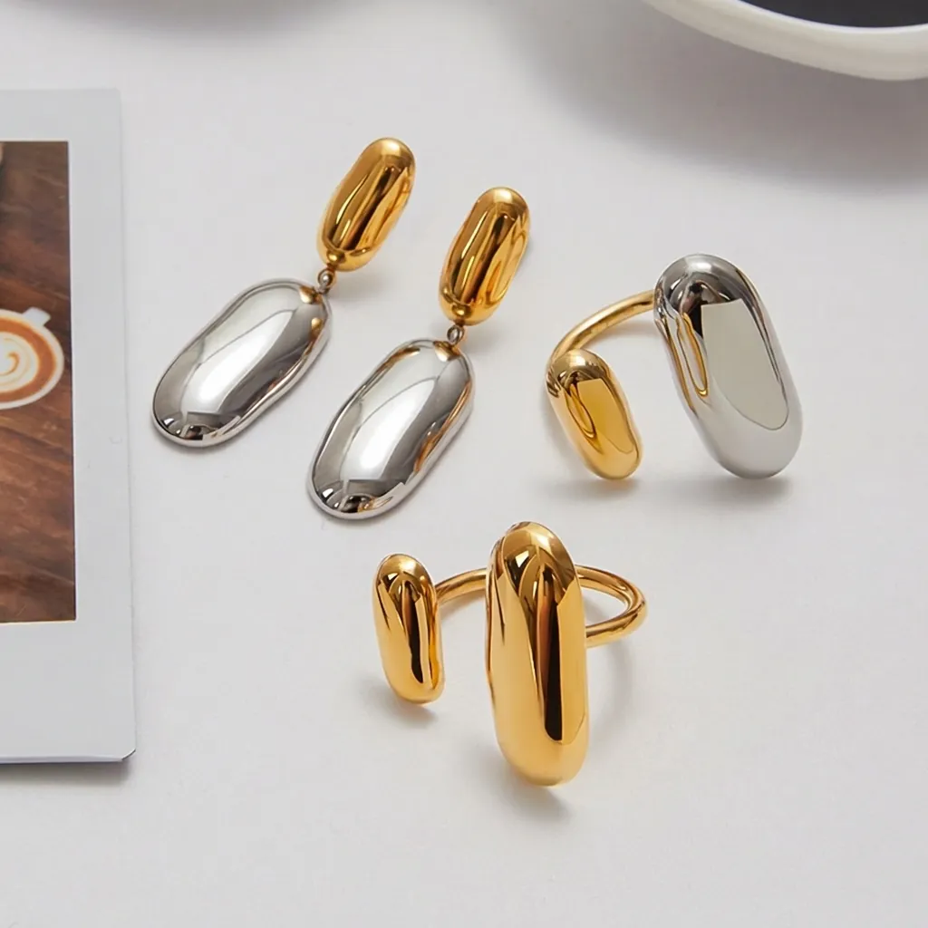 Gioielli Minimalisti In Acciaio Inossidabile Bicolore Con Zircone Per Donna Impermeabile Ipoallergenico Anello Capsule E Orecchini