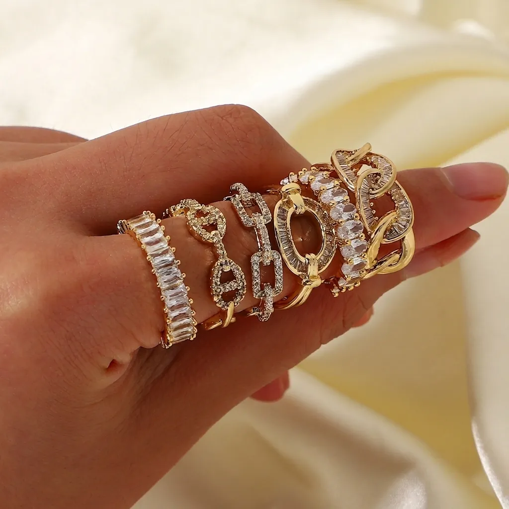 Adjustable Open Rings For Women Copper Gold Plated With Zircon Ins Style Retro Elegant Jewelry
